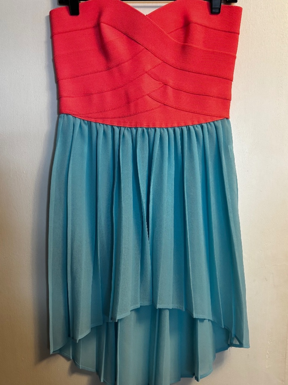 Women’s Dress Orange/Teal Blue Pleated Bandeau High Low